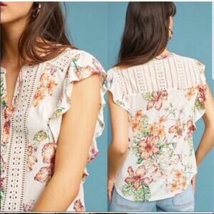 Maeve Blouse Womens Large White Floral Ruffle Sleeve Lace Boho Top Anthropologie